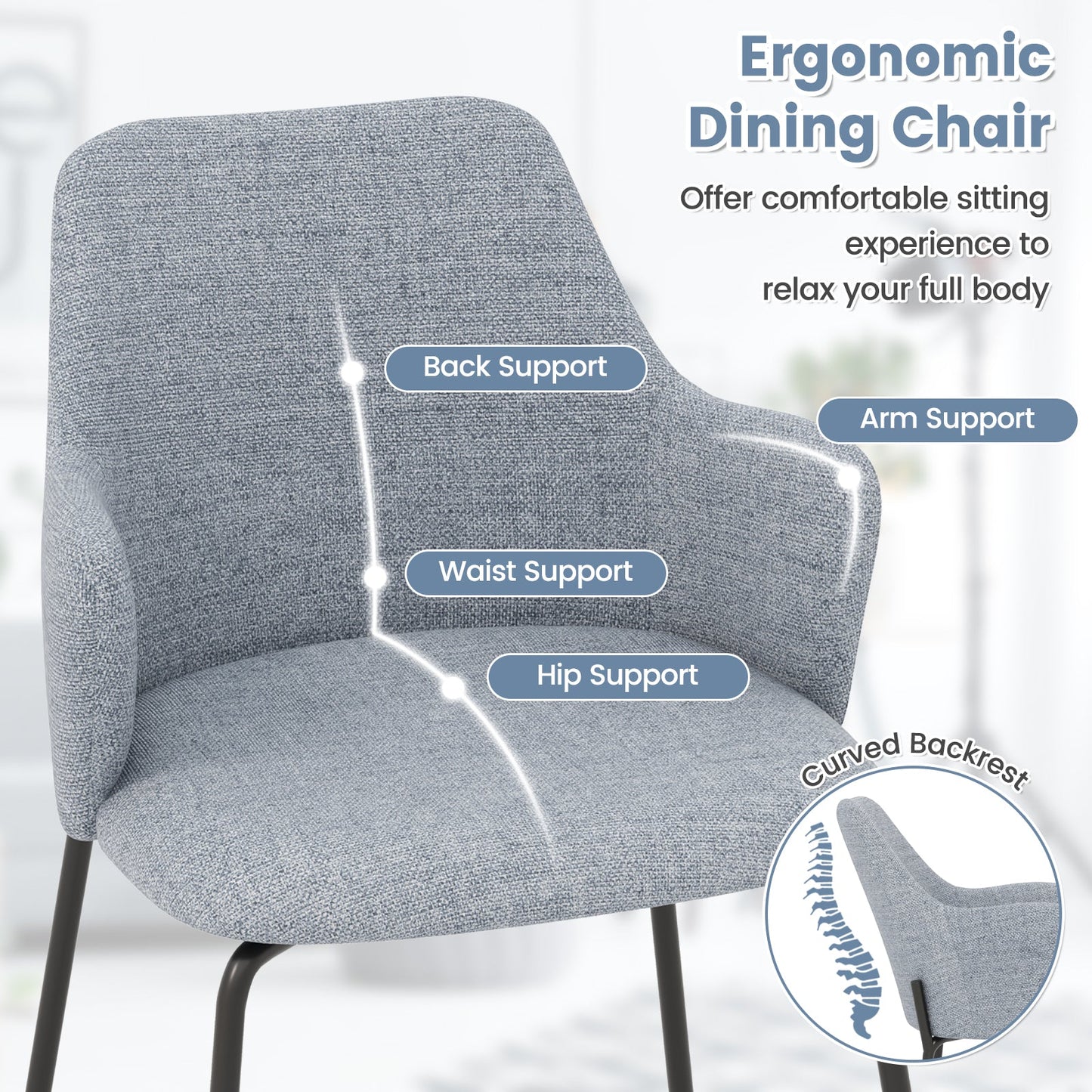 Dining Chairs Set of 2 with Curved Backrest Wide Seat and Armrests
