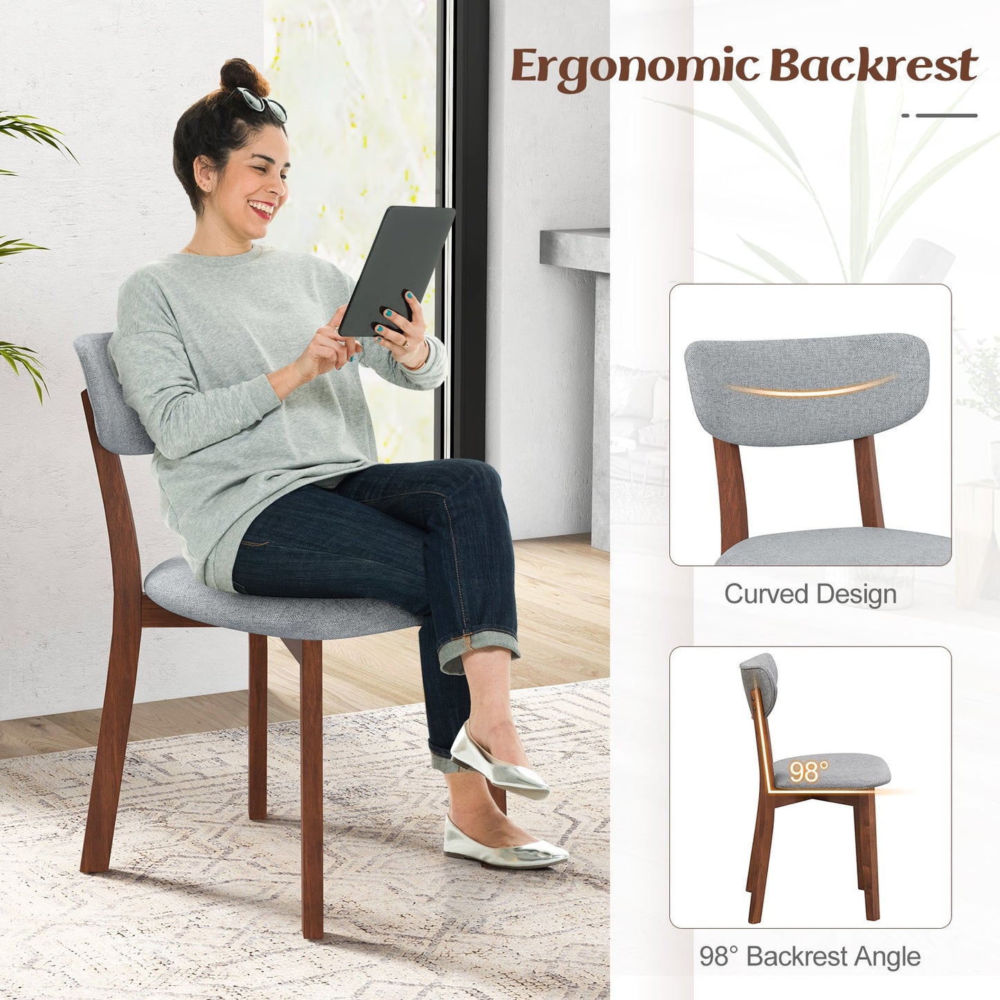 Dining Chairs Set of 2 Upholstered Mid-Back Chairs with Solid Rubber Wood Frame
