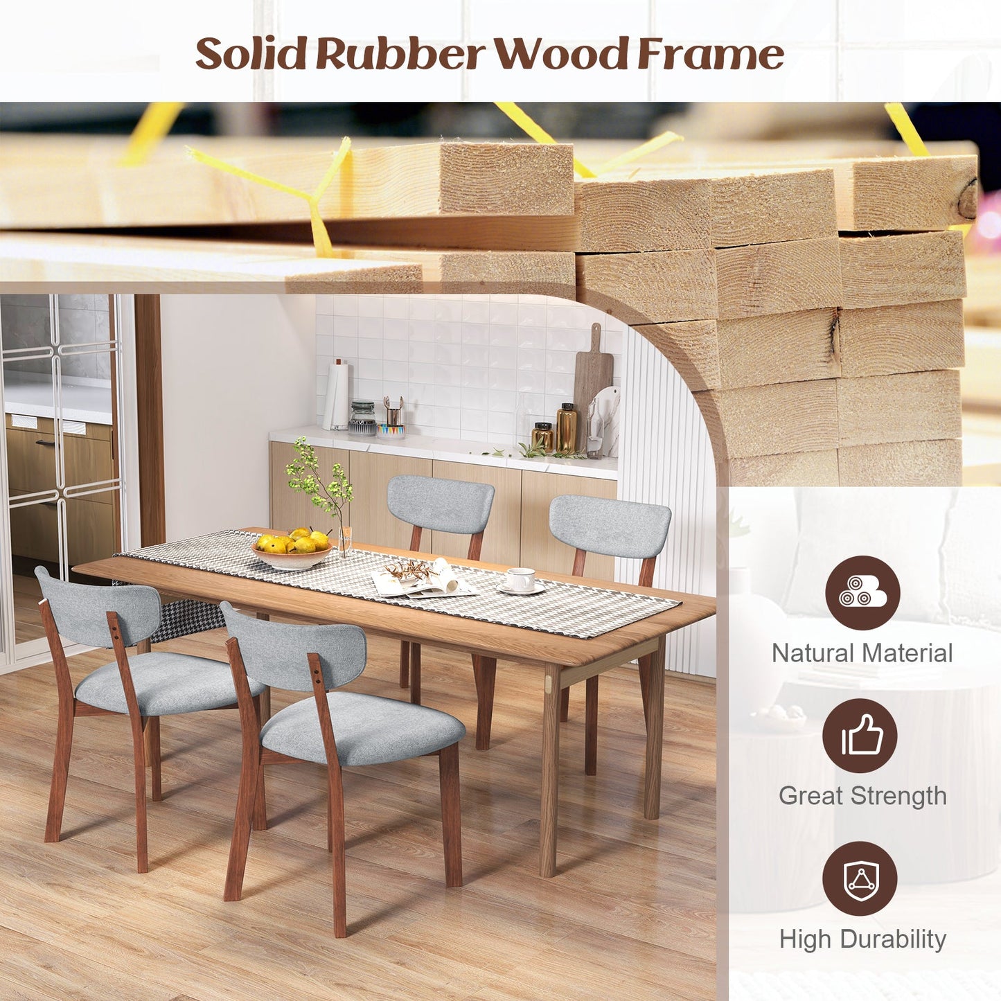 Dining Chairs Set of 2 Upholstered Mid-Back Chairs with Solid Rubber Wood Frame
