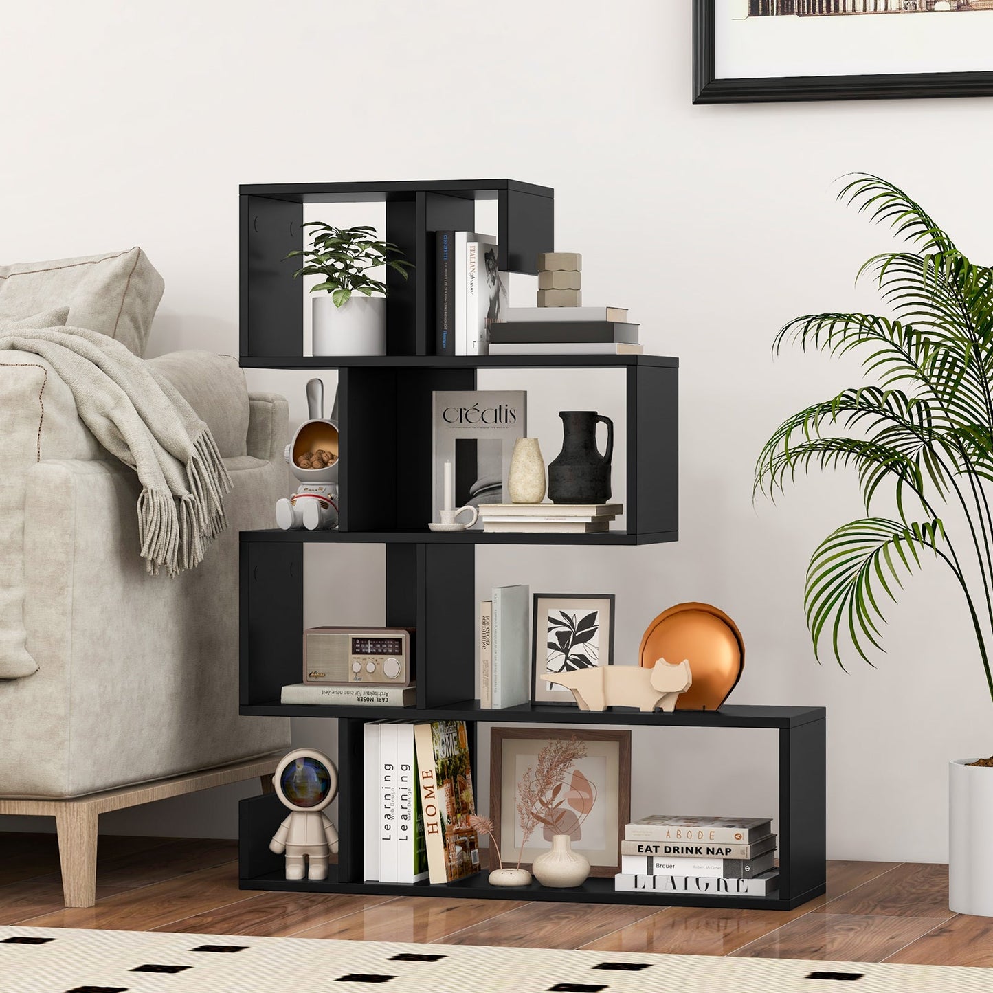 5-Tier S-Shaped Bookshelf Geometric Z-Shelf Bookcase with Open Cubes