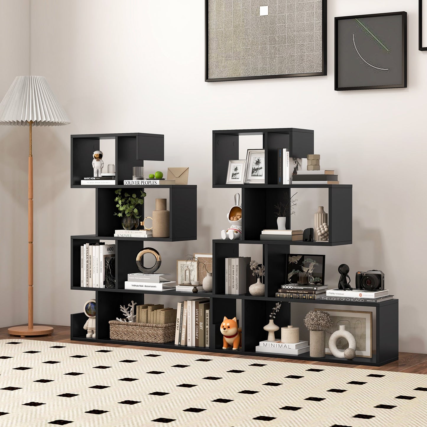 5-Tier S-Shaped Bookshelf Geometric Z-Shelf Bookcase with Open Cubes