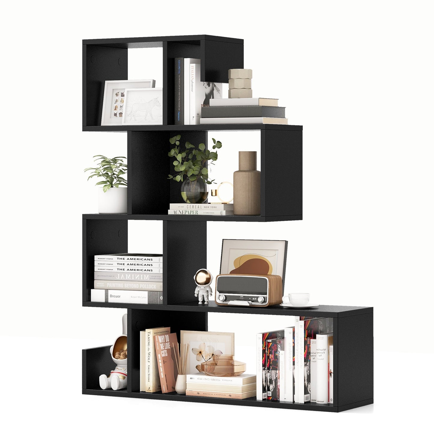 5-Tier S-Shaped Bookshelf Geometric Z-Shelf Bookcase with Open Cubes