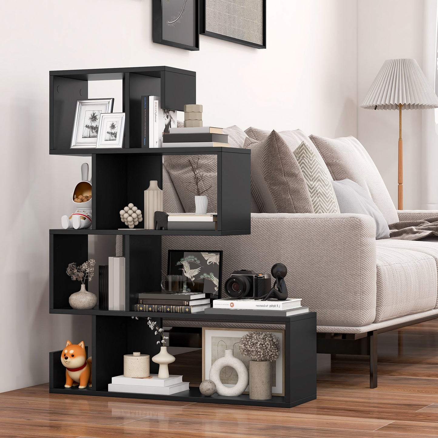5-Tier S-Shaped Bookshelf Geometric Z-Shelf Bookcase with Open Cubes