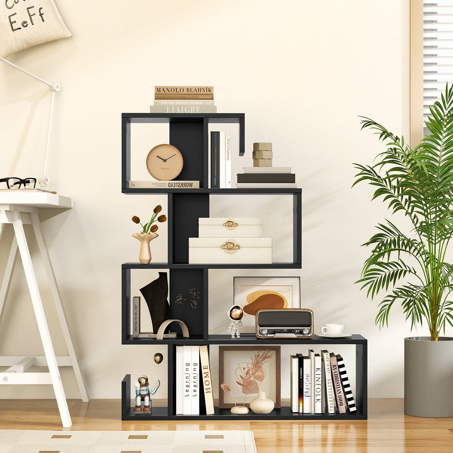 5-Tier S-Shaped Bookshelf Geometric Z-Shelf Bookcase with Open Cubes