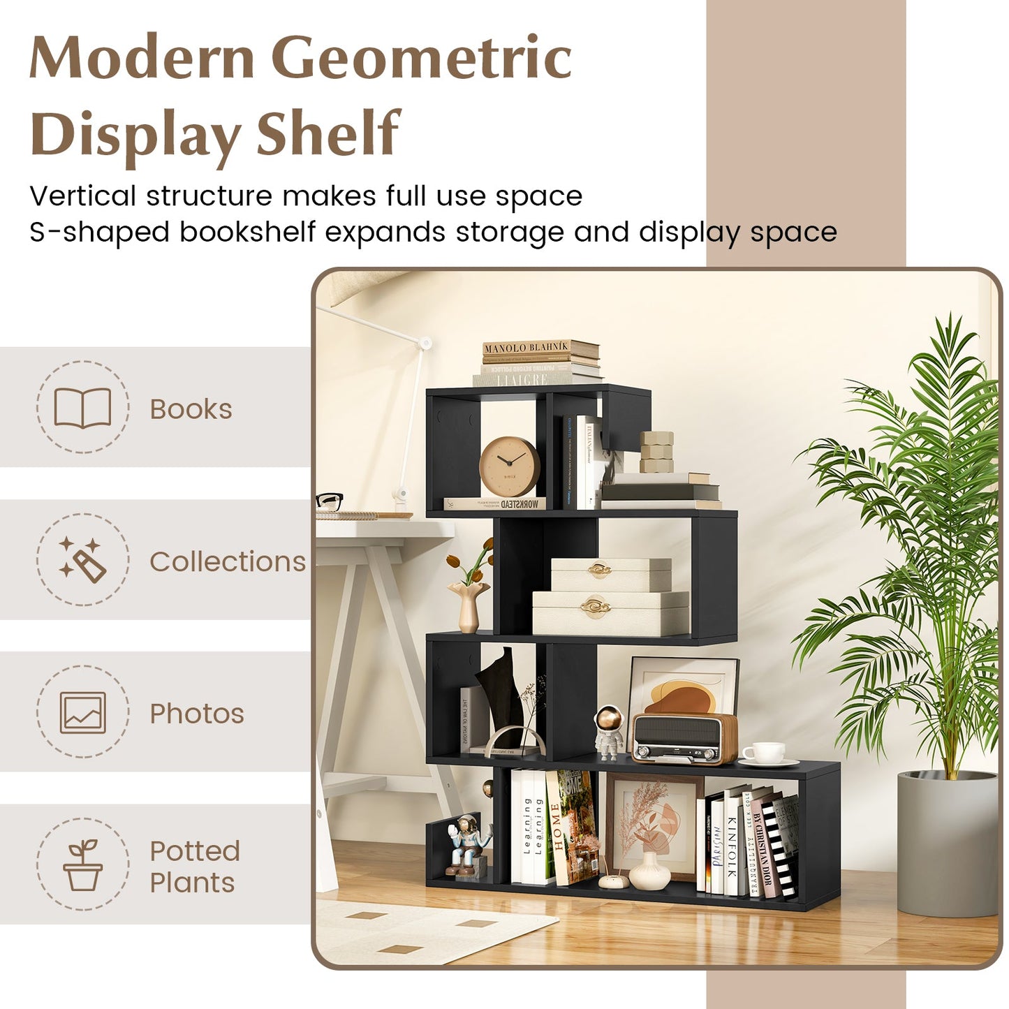 5-Tier S-Shaped Bookshelf Geometric Z-Shelf Bookcase with Open Cubes