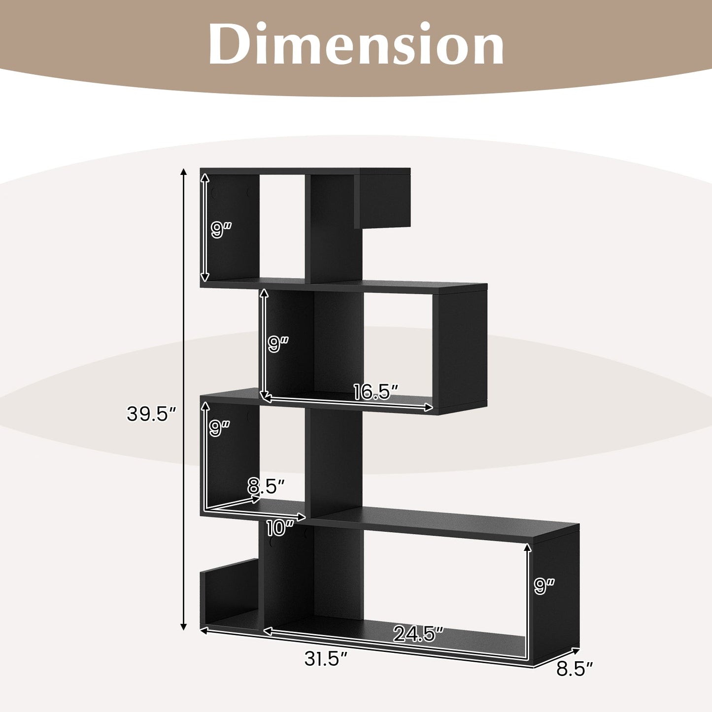 5-Tier S-Shaped Bookshelf Geometric Z-Shelf Bookcase with Open Cubes