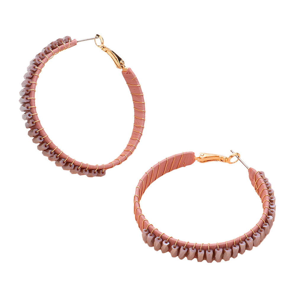 Rectangle Bead Trimmed Raffia Wrapped Hoop Earrings
