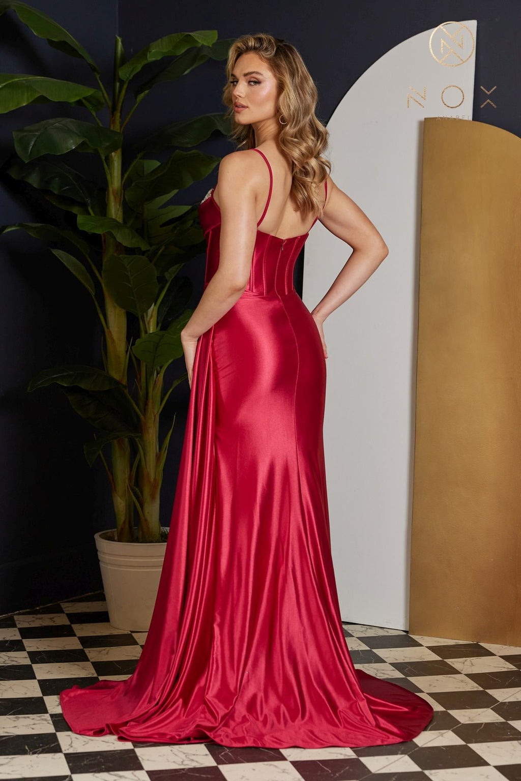 Nox Anabel E1242 Floor Length Fitted Satin Corset Bodice with Slit Gown