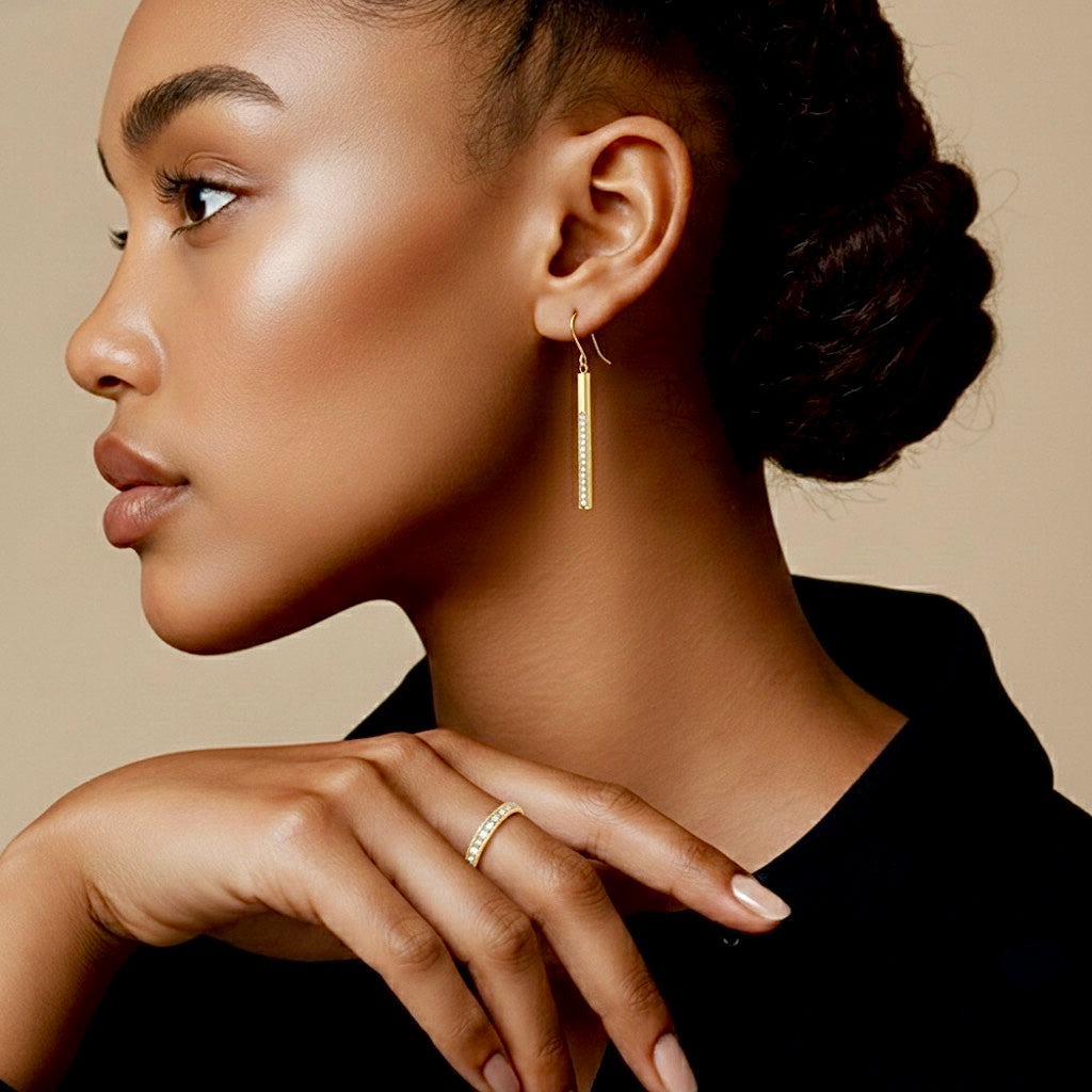 ER318G B.Tiff Gold Pavé 14-Stone Dangling Bar Earrings