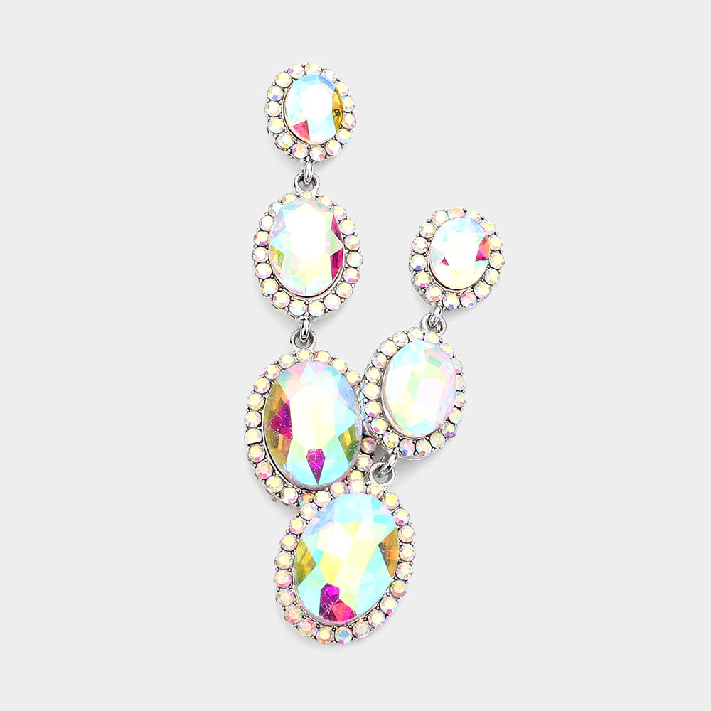 Triple Oval Glass Stone Drop Down Dangle Evening Earrings