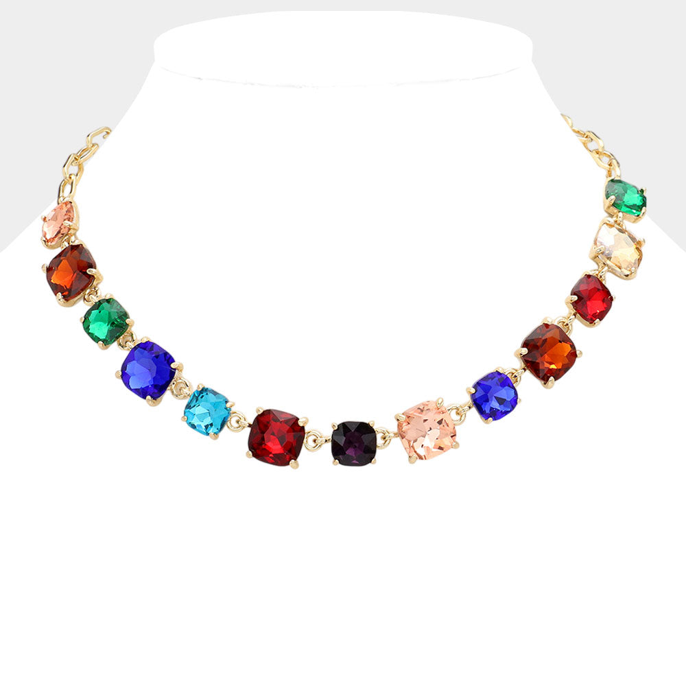 Women's Cushion Square Stone Link Evening Necklace
