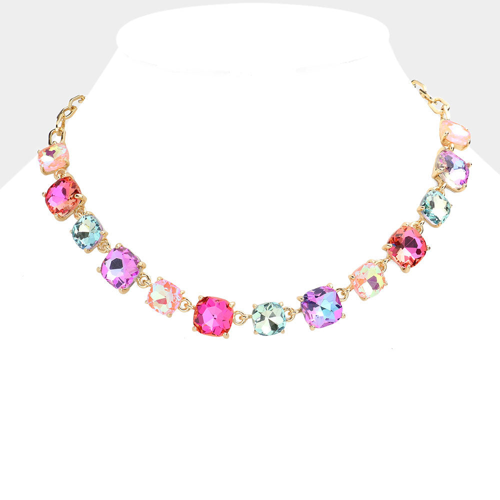 Women's Cushion Square Stone Link Evening Necklace