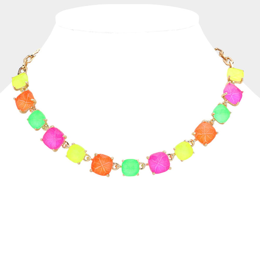Women's Cushion Square Stone Link Evening Necklace