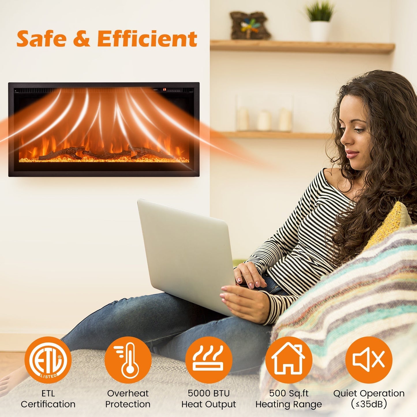 Electric Fireplace in-Wall Recessed with Remote Control and Adjustable Color and Brightness