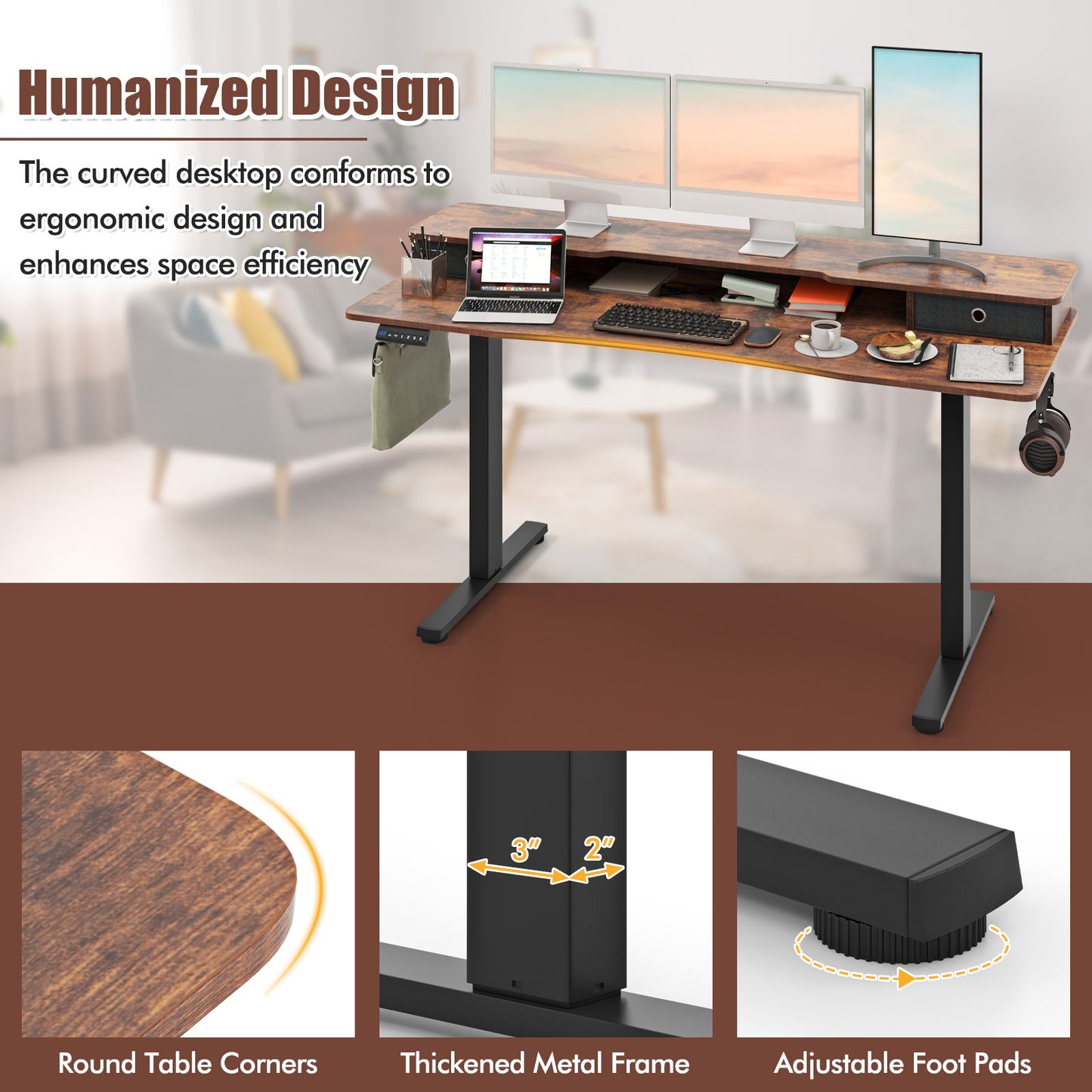 63 Inch x 24 Inch Electric Standing Desk with 2 Drawers
