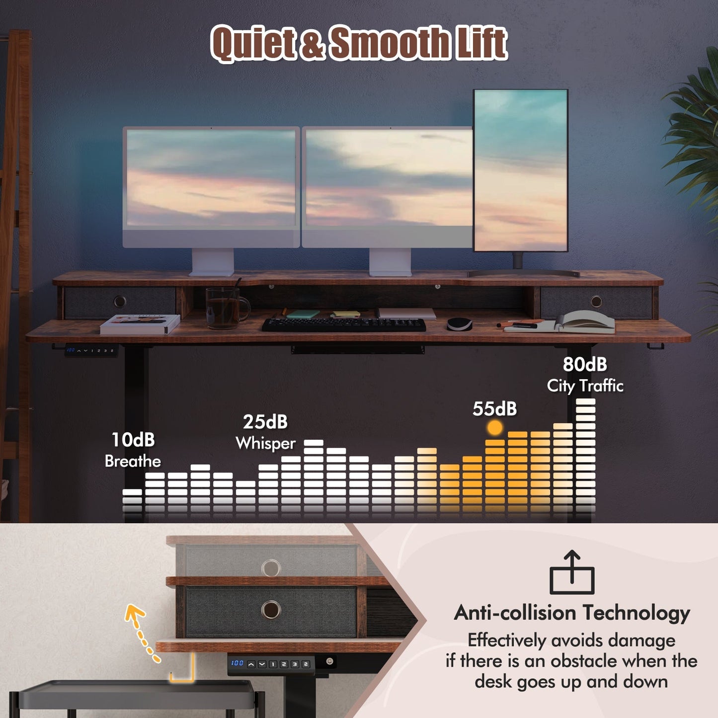 63 Inch x 24 Inch Electric Standing Desk with 2 Drawers