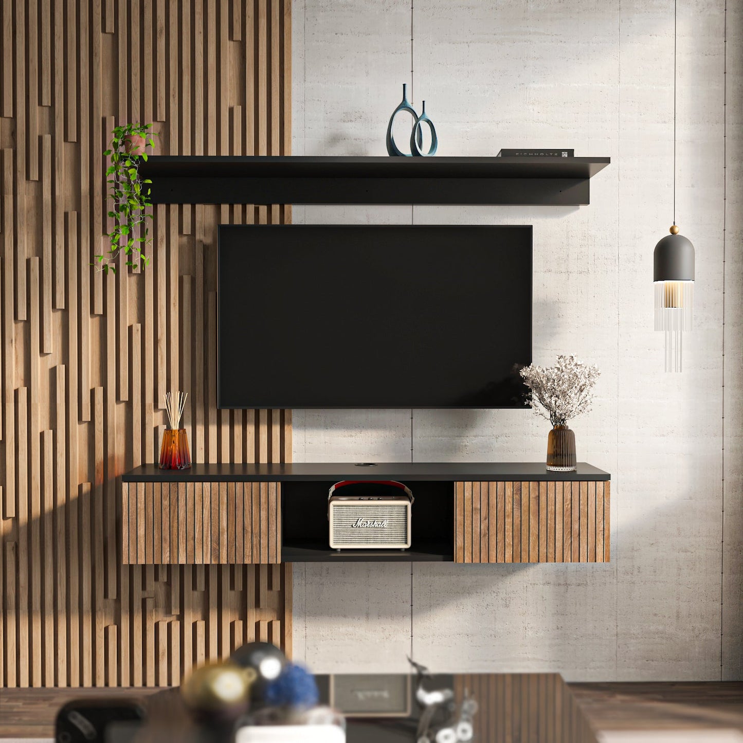 Elia 55” Floating TV Stand with Wall Shelf