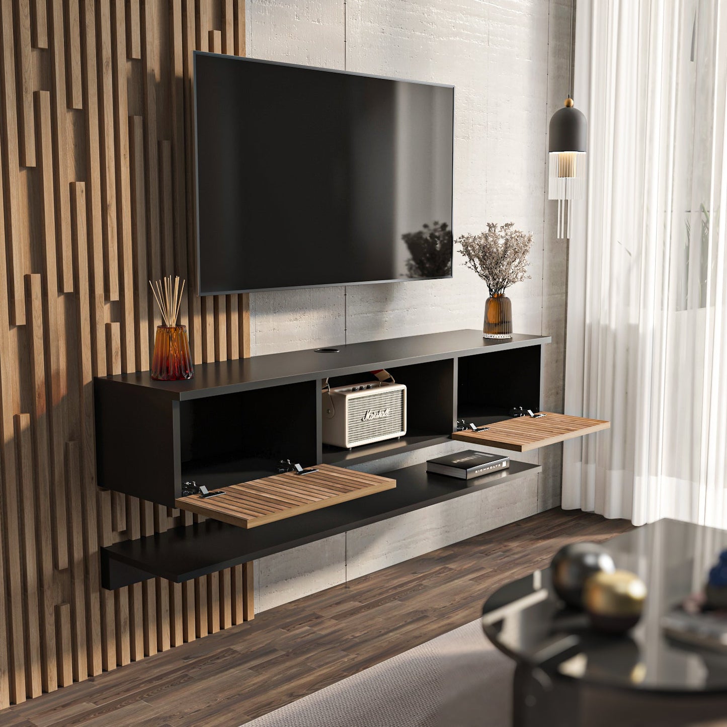 Elia 55” Floating TV Stand with Wall Shelf