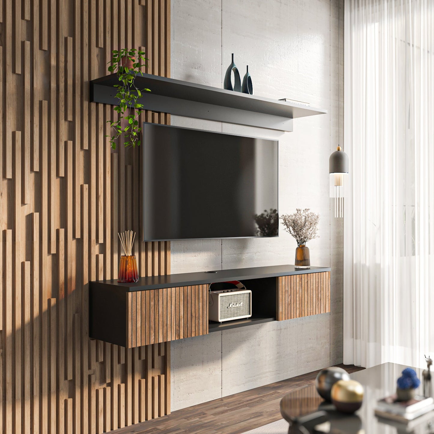 Elia 55” Floating TV Stand with Wall Shelf