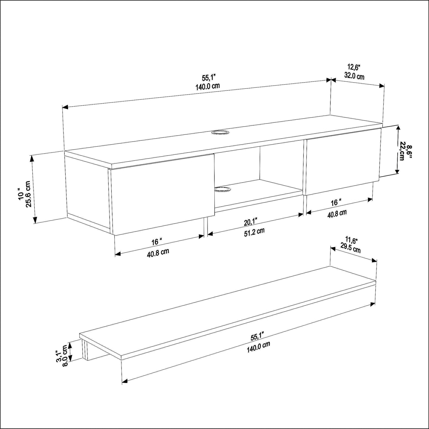 Elia 55” Floating TV Stand with Wall Shelf