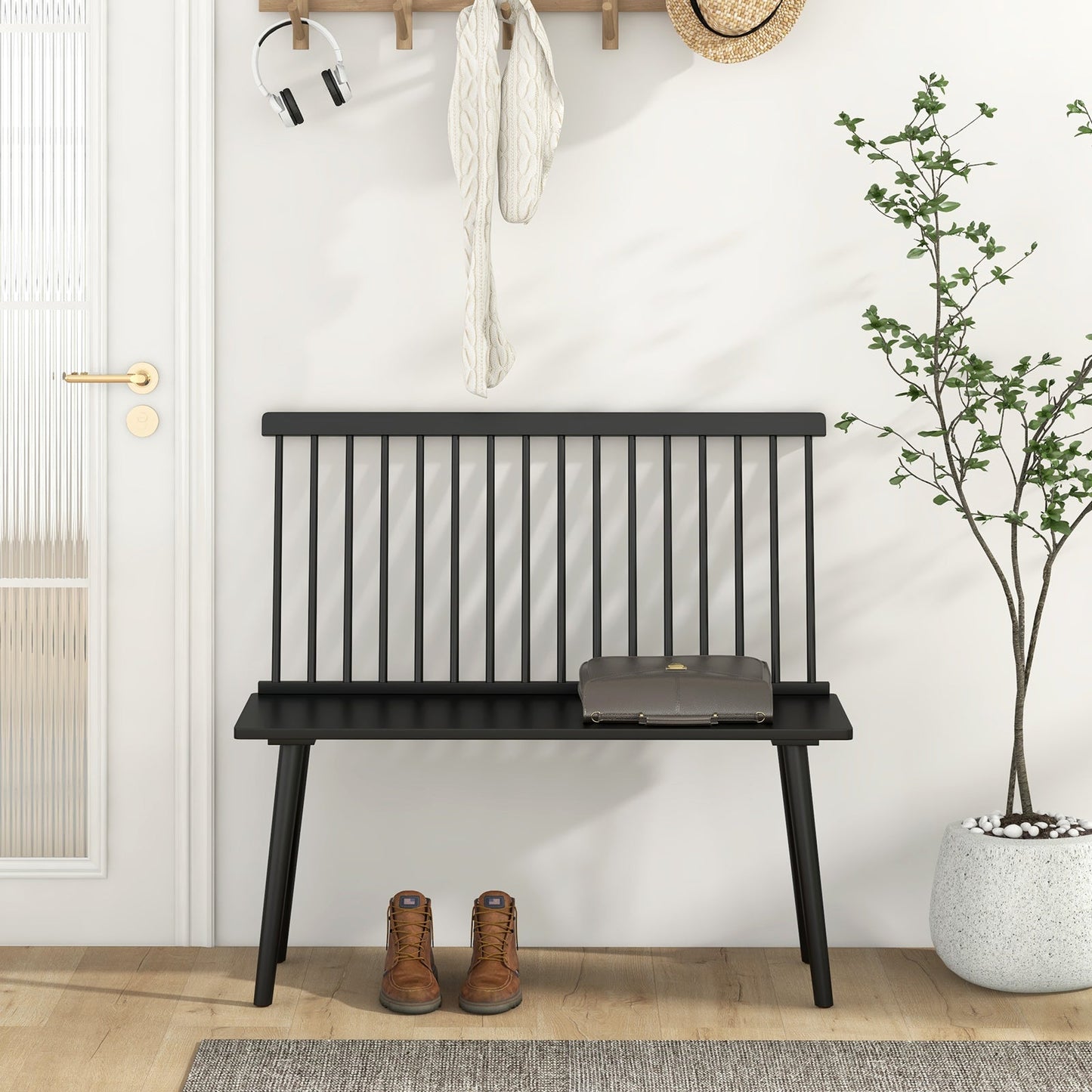 Entryway Bench for 2 with Spindle Back for Kitchen Dining Room Hallway