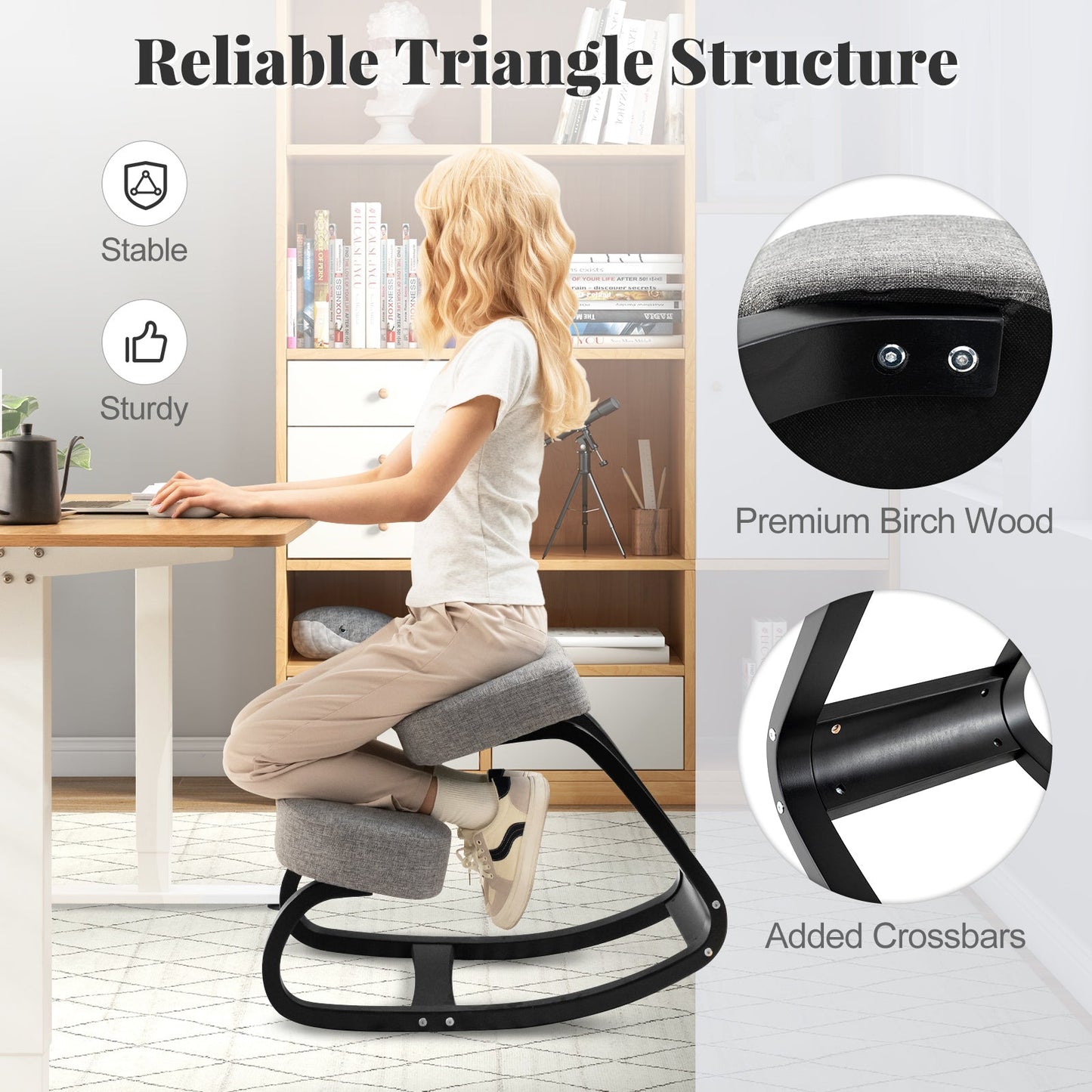 Wooden Ergonomic Backless Rocking Kneeling Chair with Padded Cushion-Gray