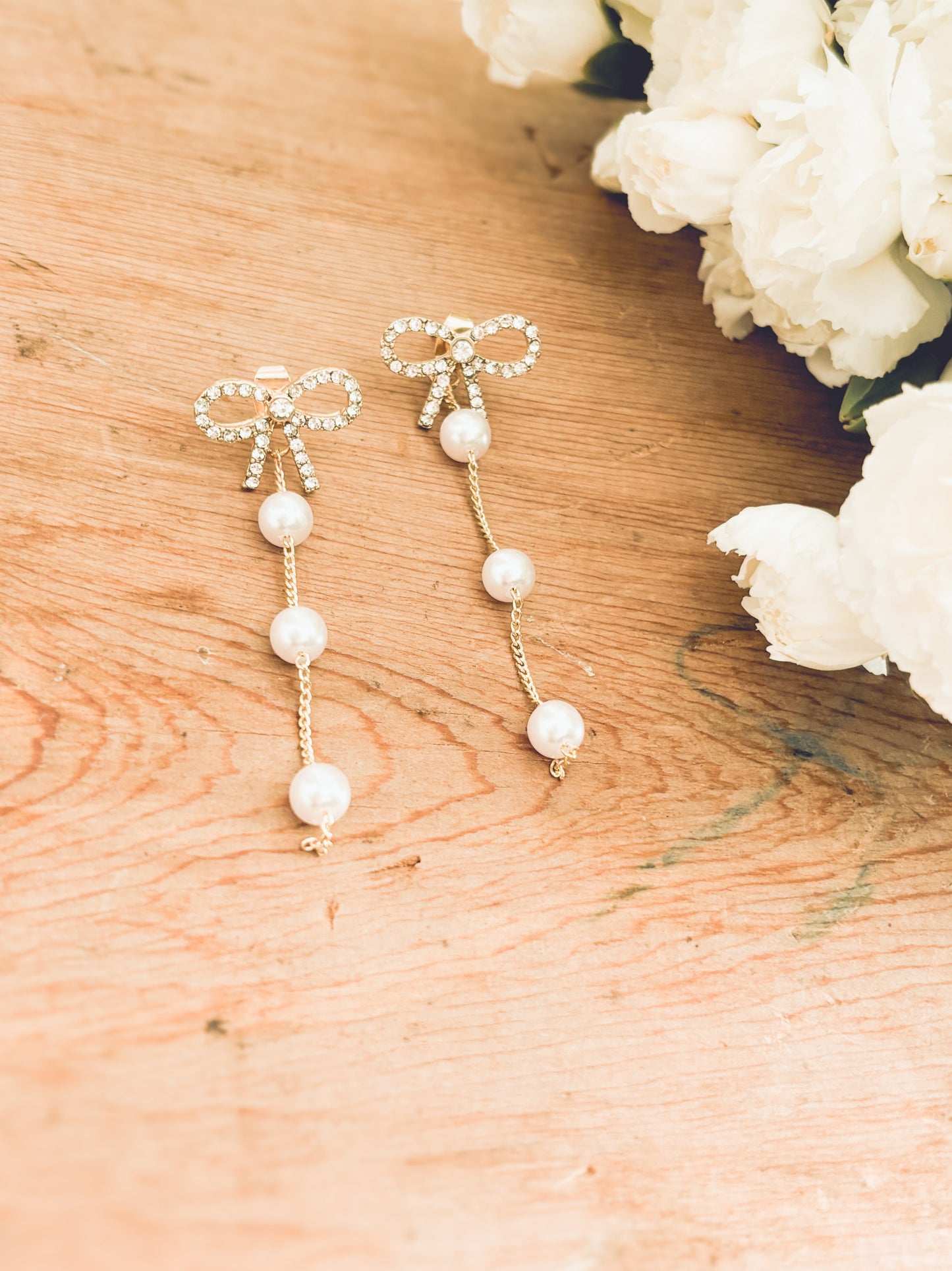 Beautiful Crystal Bow and Pearl Drop Earrings