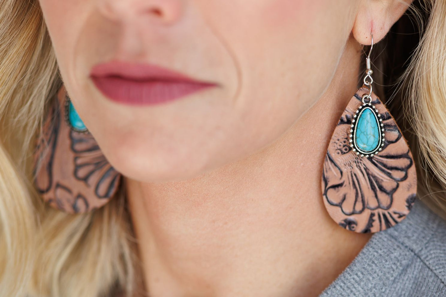 Beautiful Embossed Leather with Turquoise Drop