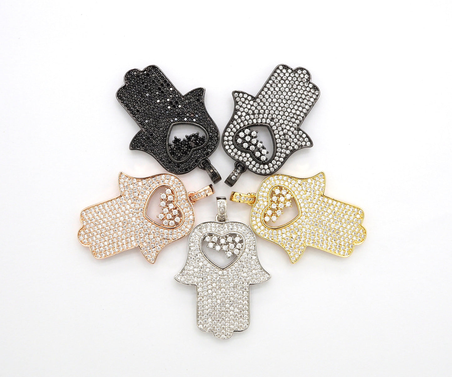 CZ Micro Pave Hamsa Hand with Heart Pendant, Cubic Zirconia Large Hamsa hand Pendant, Gold/Silver/Black/Rose Gold 27x35mm,SKU#F521