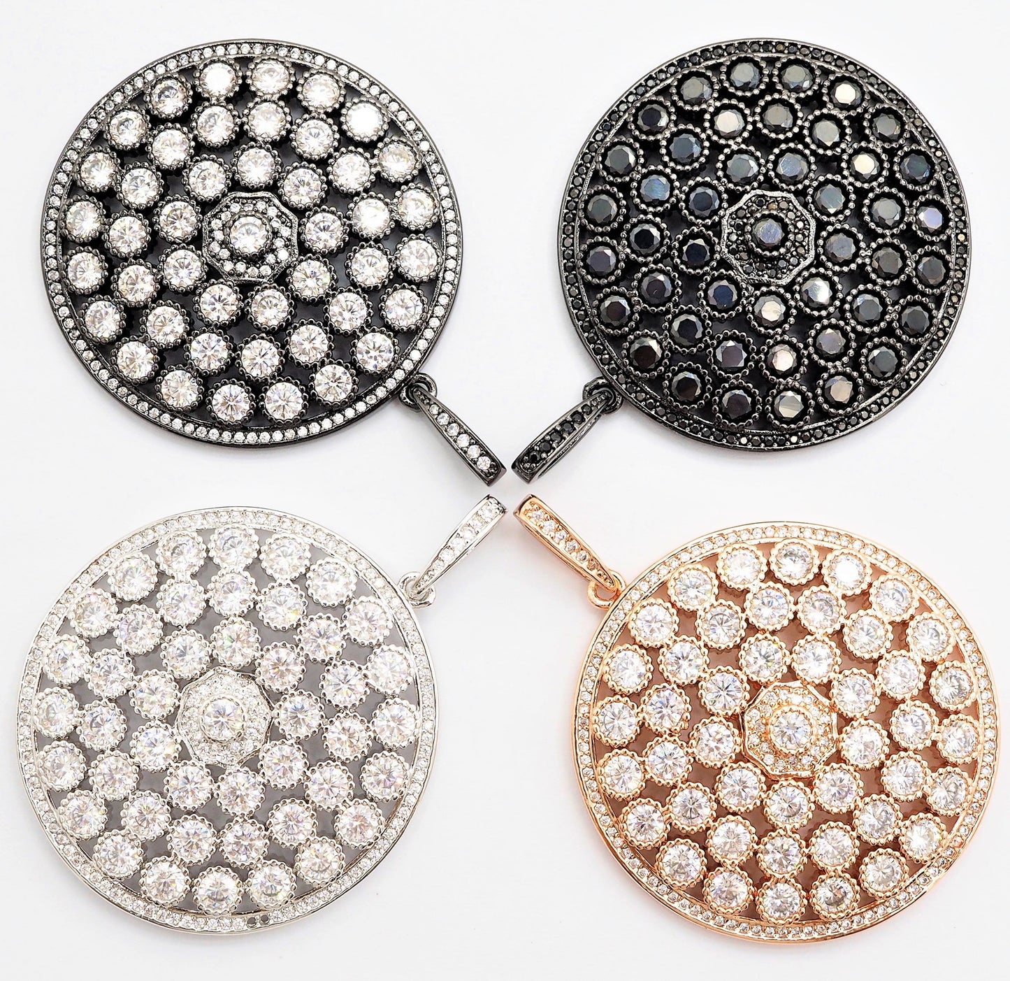 40mm Large CZ Micro Pave Filigree Round Disc Pendant, Cubic Zirconia Rose Gold/Silver/Black Focal Pendant, sku#F545