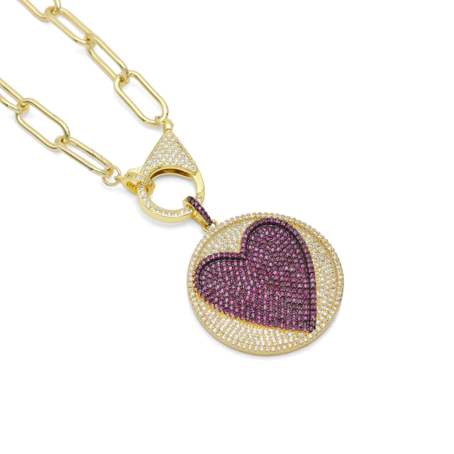 Paperclip Colorful CZ Heart Necklace, Sku#CL26