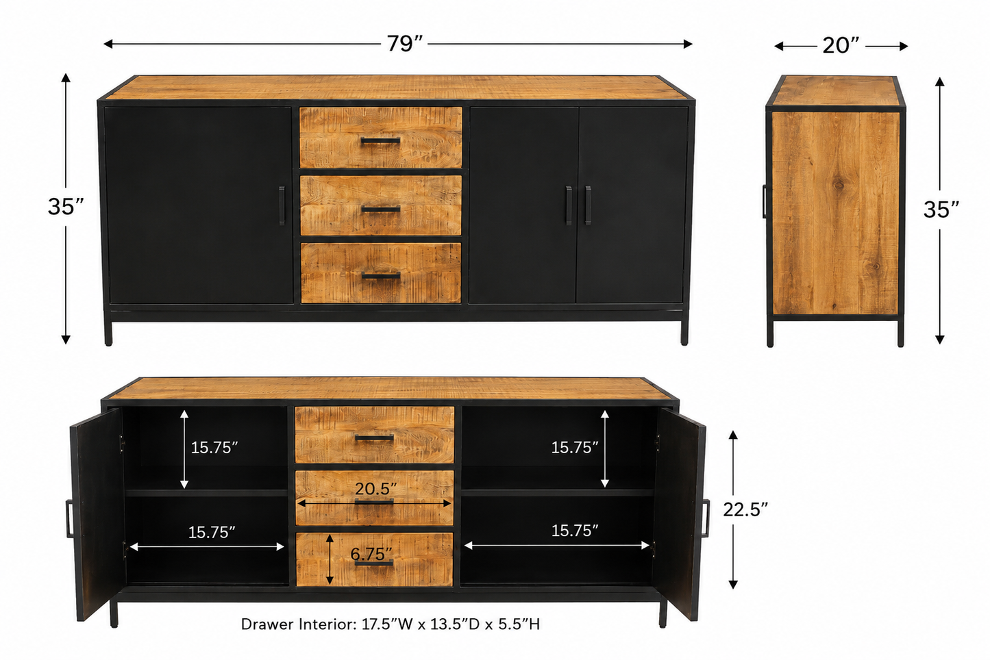Jaipur Forge Sideboard L — 79" W × 20" D × 35" H