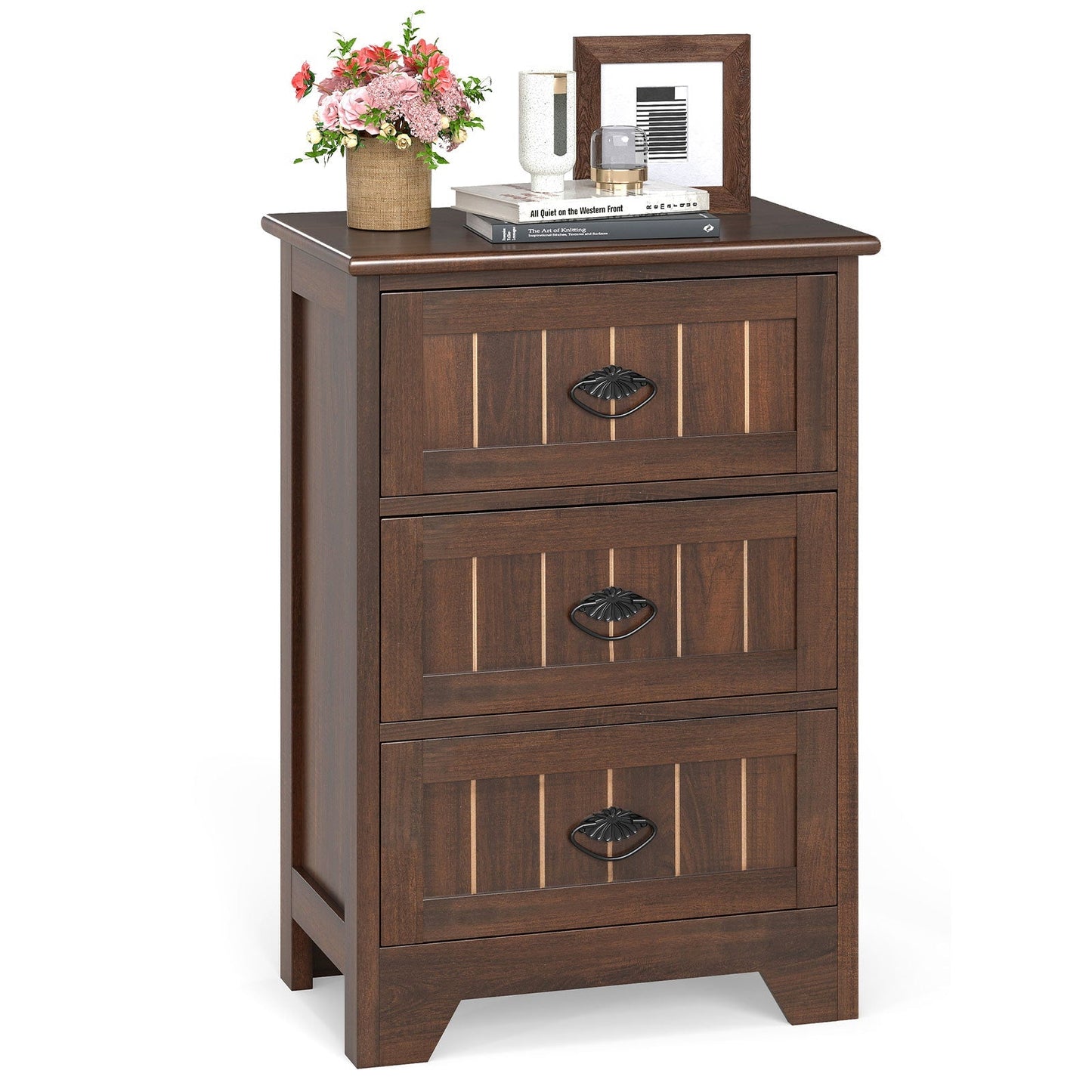 Farmhouse Nightstand with 3 Storage Drawers and Handles