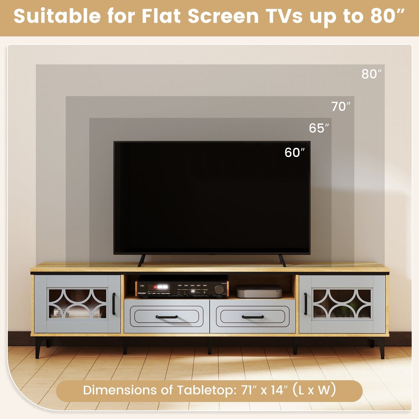 Farmhouse TV Stand for TVs up to 80 Inch with 2 Drawers