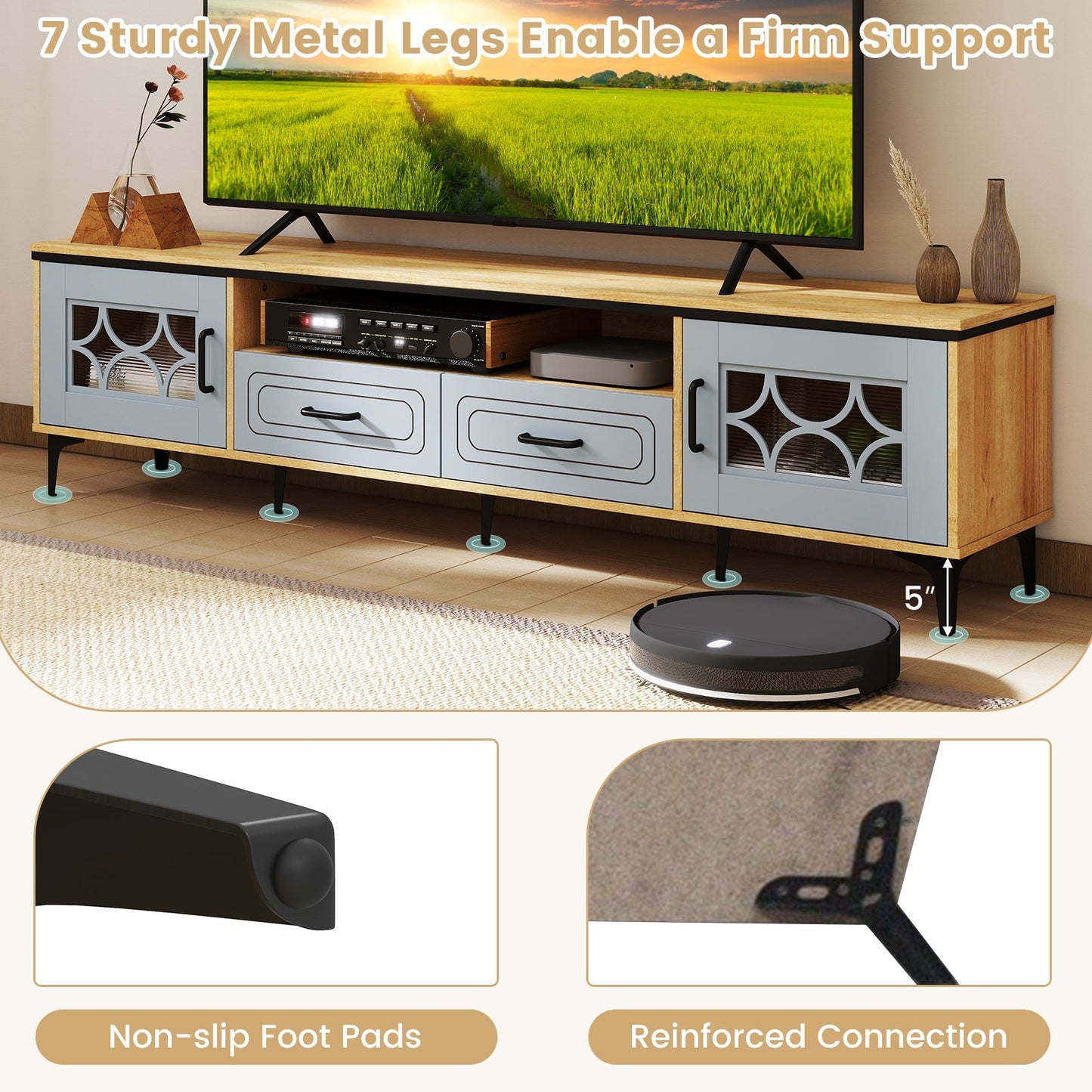 Farmhouse TV Stand for TVs up to 80 Inch with 2 Drawers