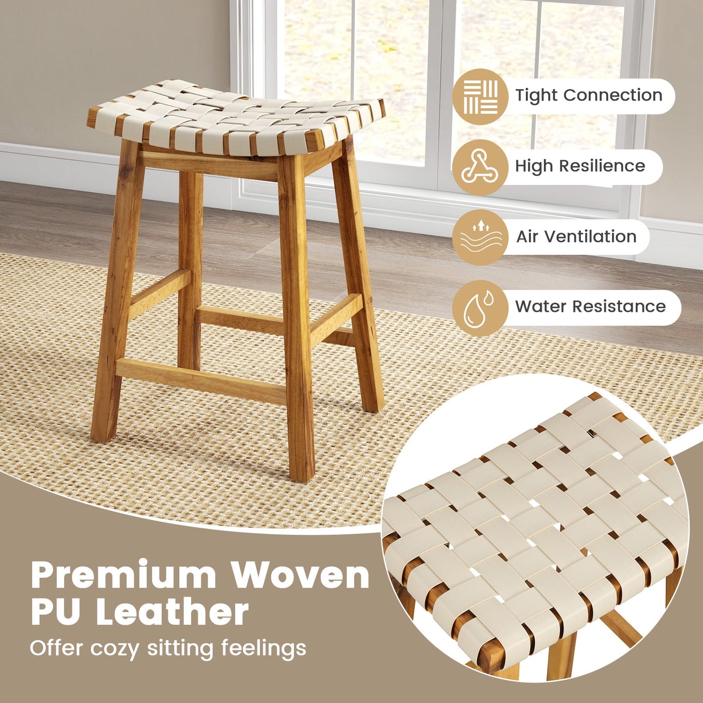 Faux PU Leather Bar Stools Set of 2 with Woven Curved Seat Natural