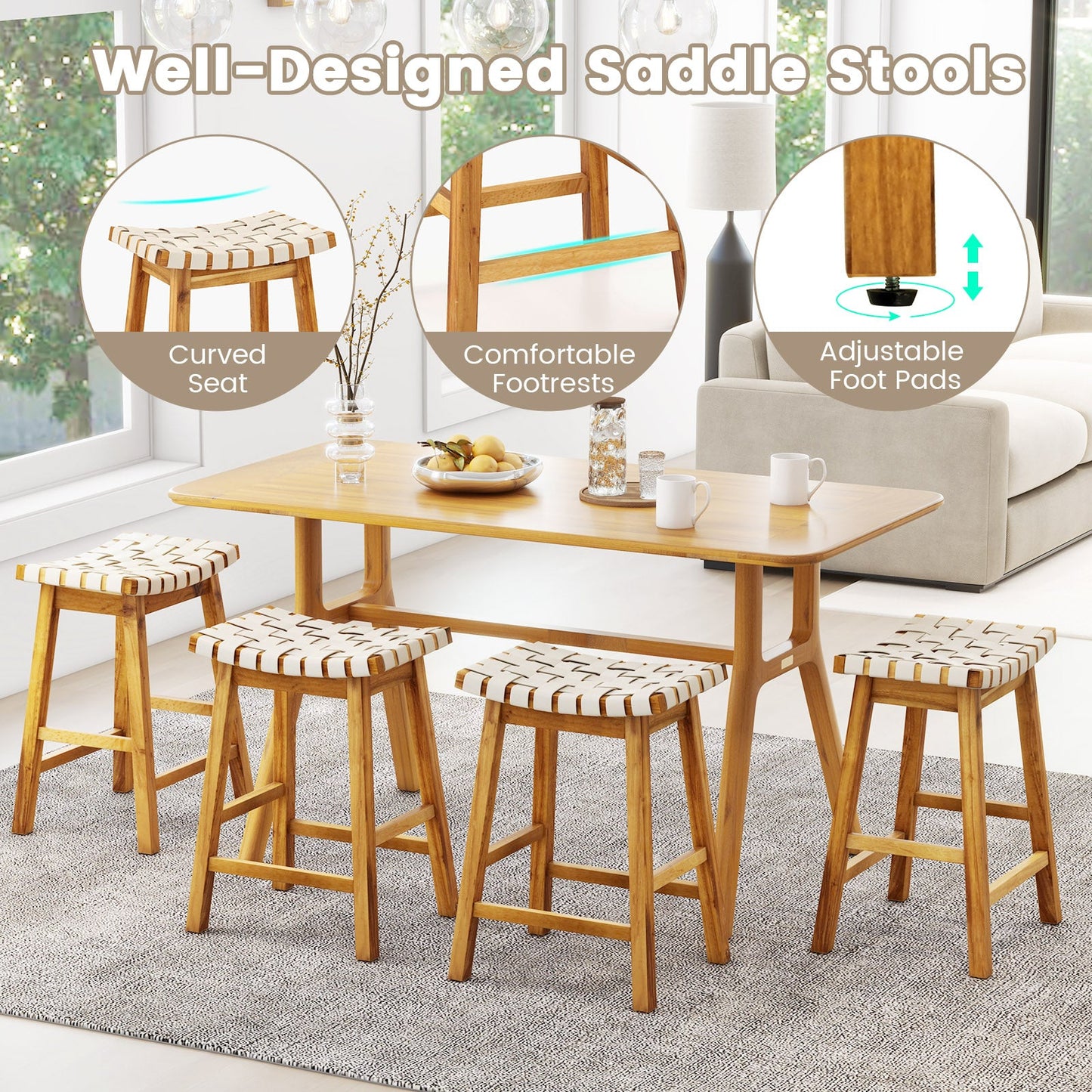 Faux PU Leather Bar Stools Set of 2 with Woven Curved Seat Natural