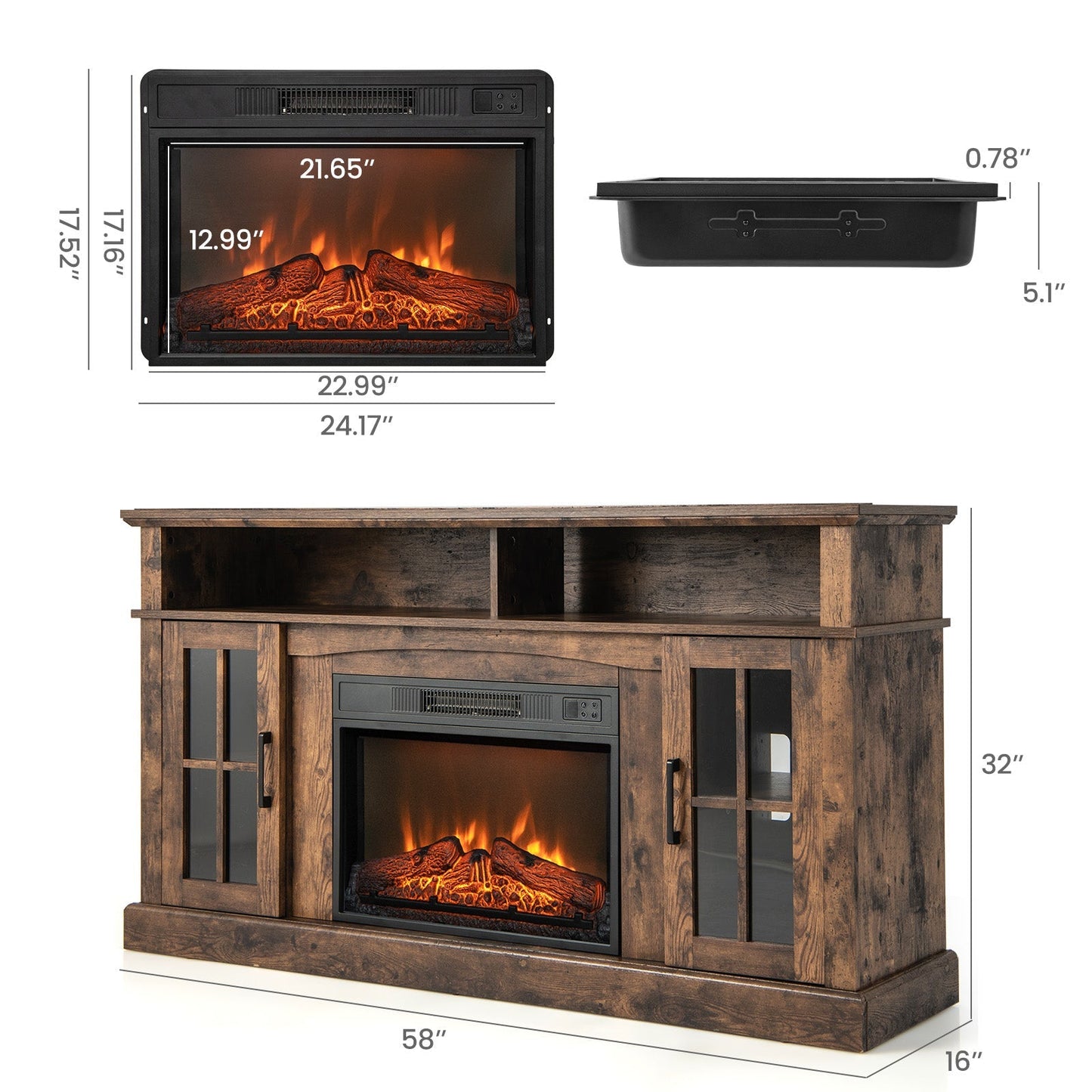 Fireplace TV Stand for TVs Up to 65 Inch with Side Cabinets and Remote Control