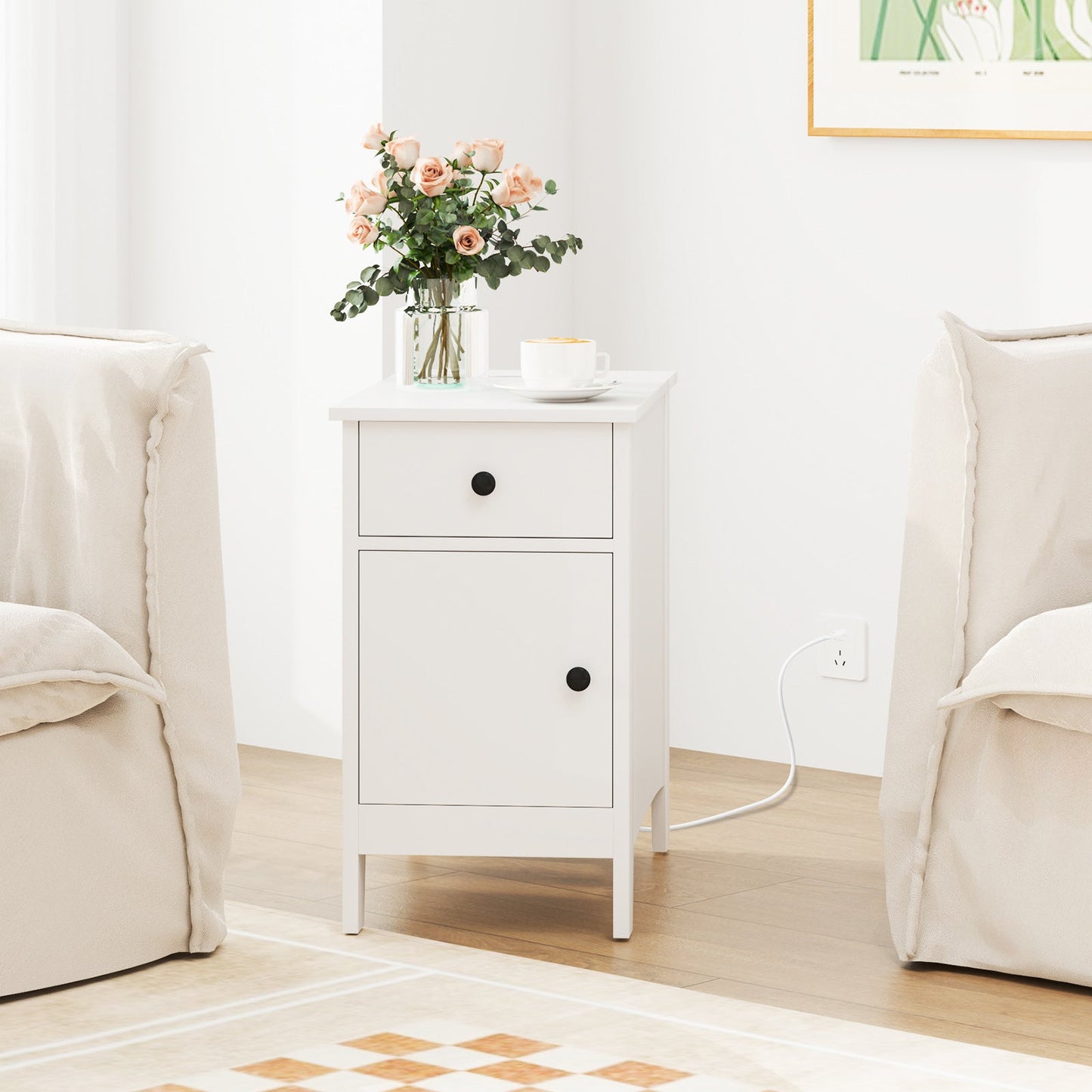 Flip Top End Table with Charging Station USB Ports Outlets and Drawer