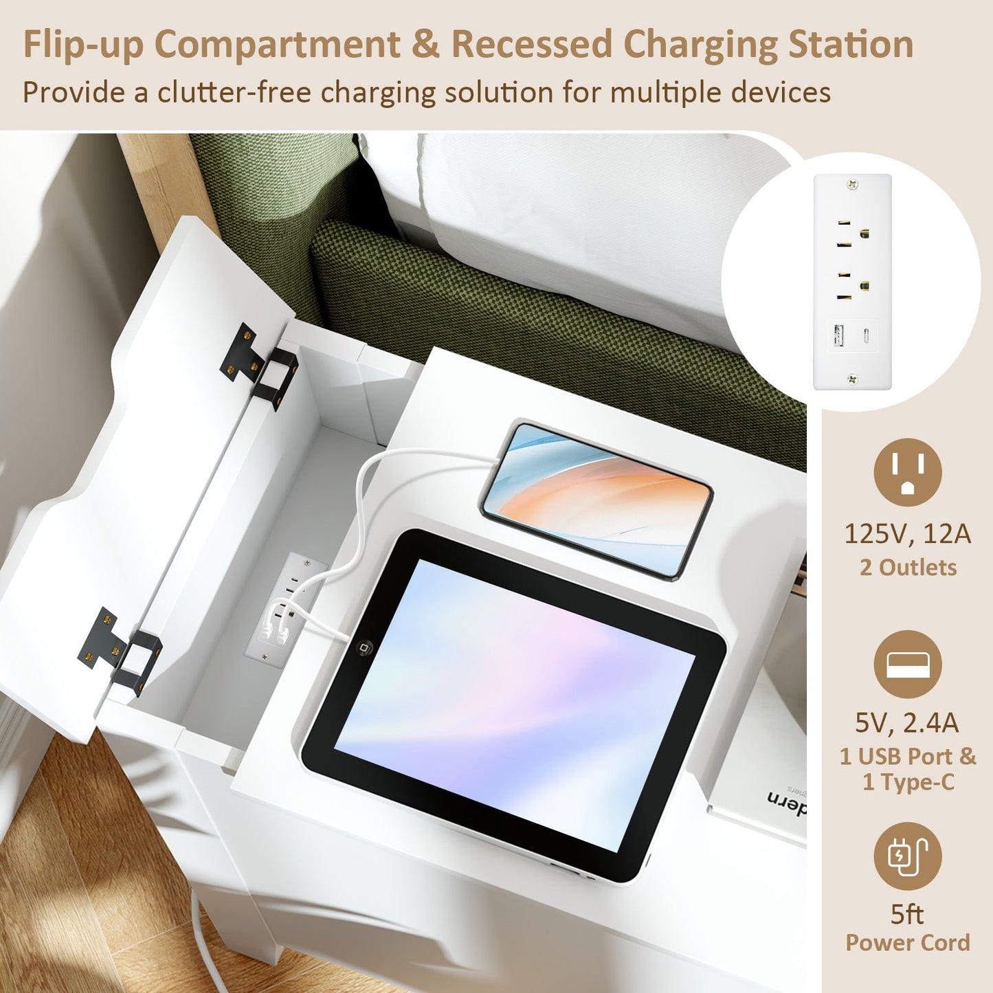 Flip Top End Table with Charging Station USB Ports Outlets and Drawer