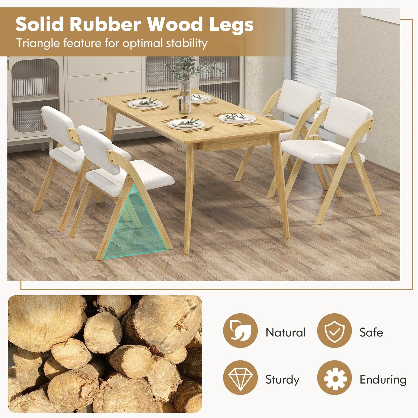 Set of 2 Folding Kitchen Dining Chairs with Rubber Wood Legs