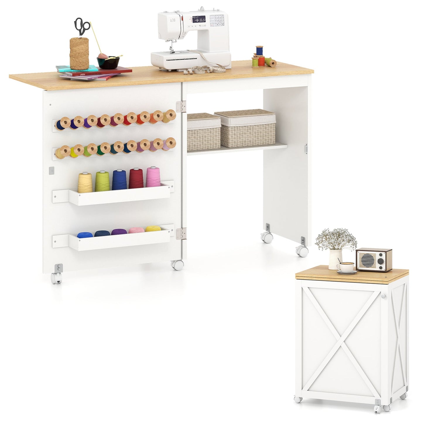 Folding Sewing Table with Storage Shelf and 5 Lockable Wheel