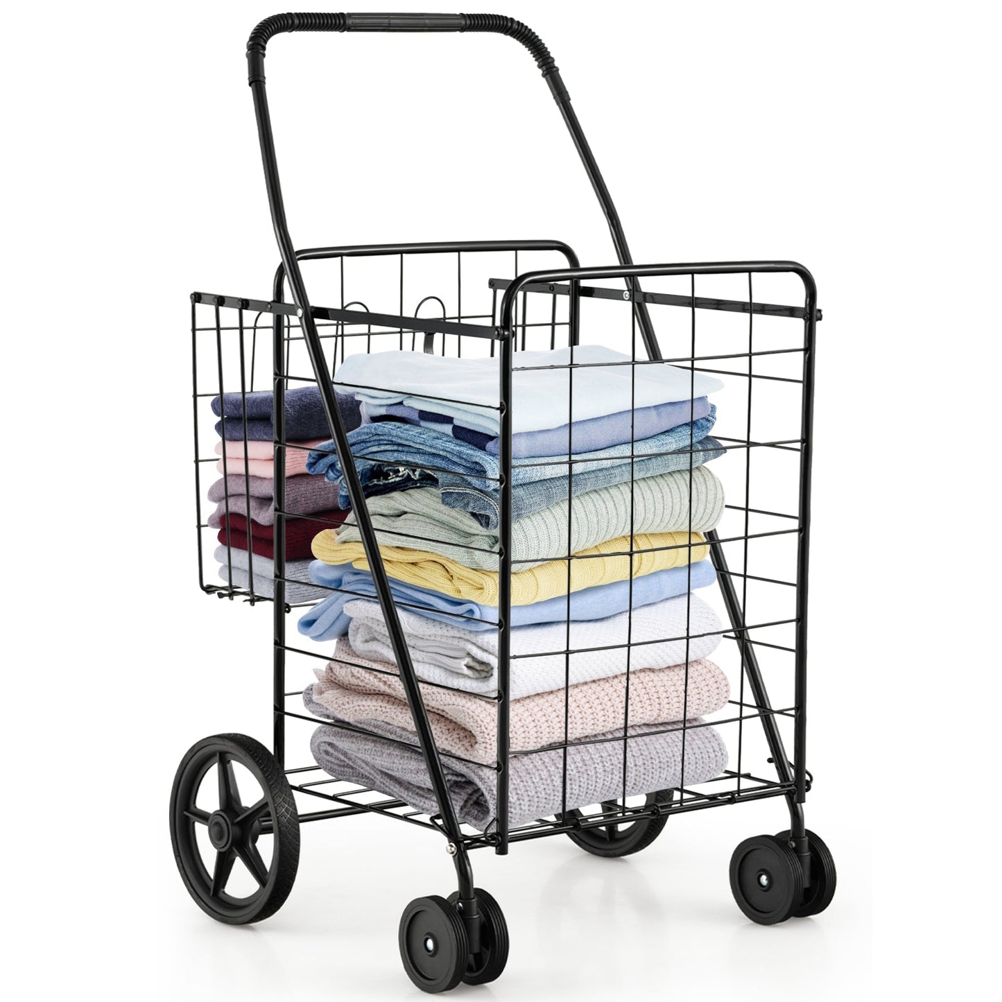 Folding Shopping Cart for Laundry with Swiveling Wheels and Dual Storage Baskets