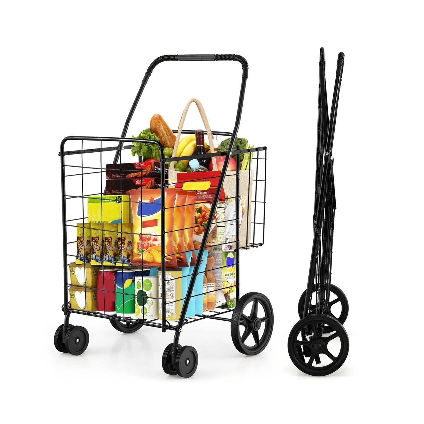 Folding Shopping Cart for Laundry with Swiveling Wheels and Dual Storage Baskets