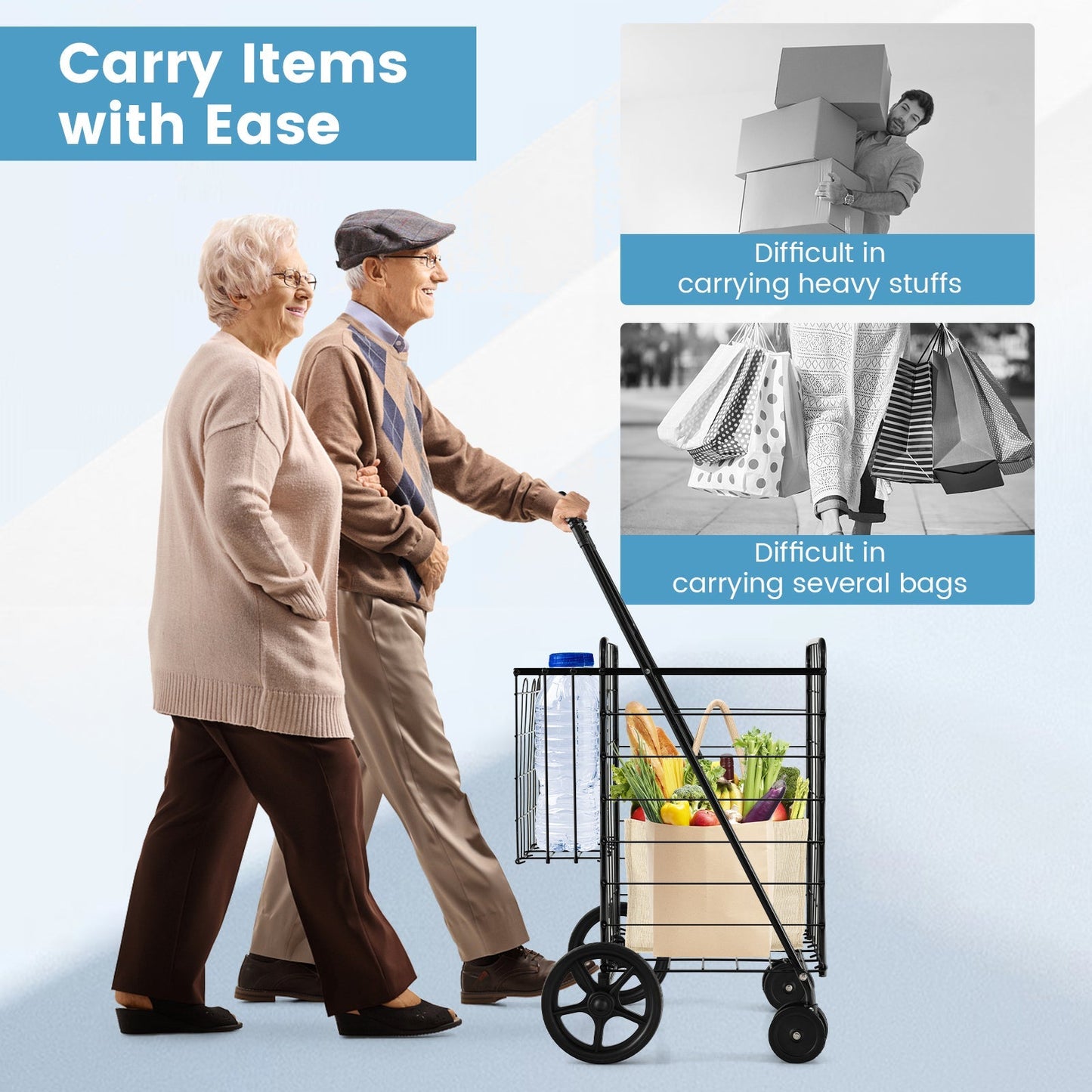 Folding Shopping Cart for Laundry with Swiveling Wheels and Dual Storage Baskets