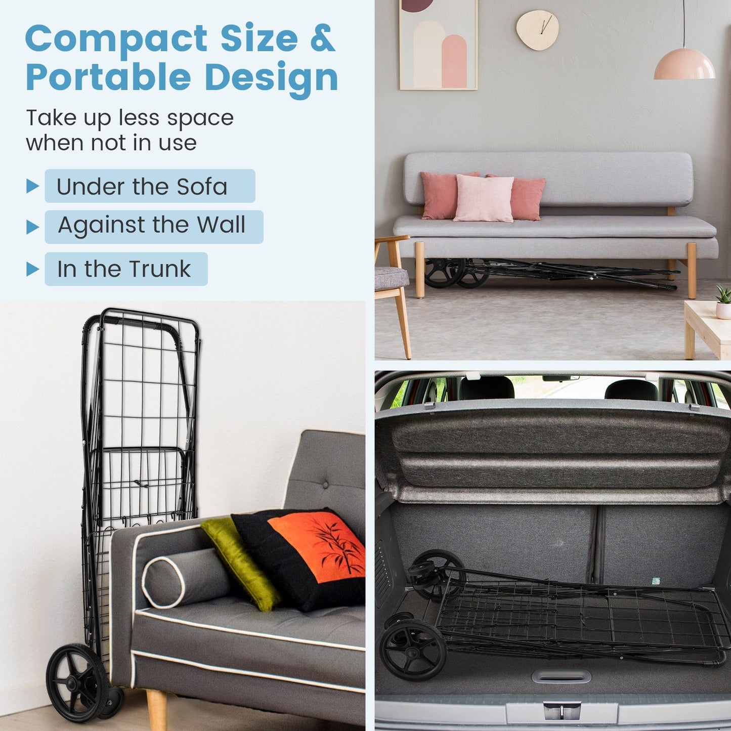 Folding Shopping Cart for Laundry with Swiveling Wheels and Dual Storage Baskets