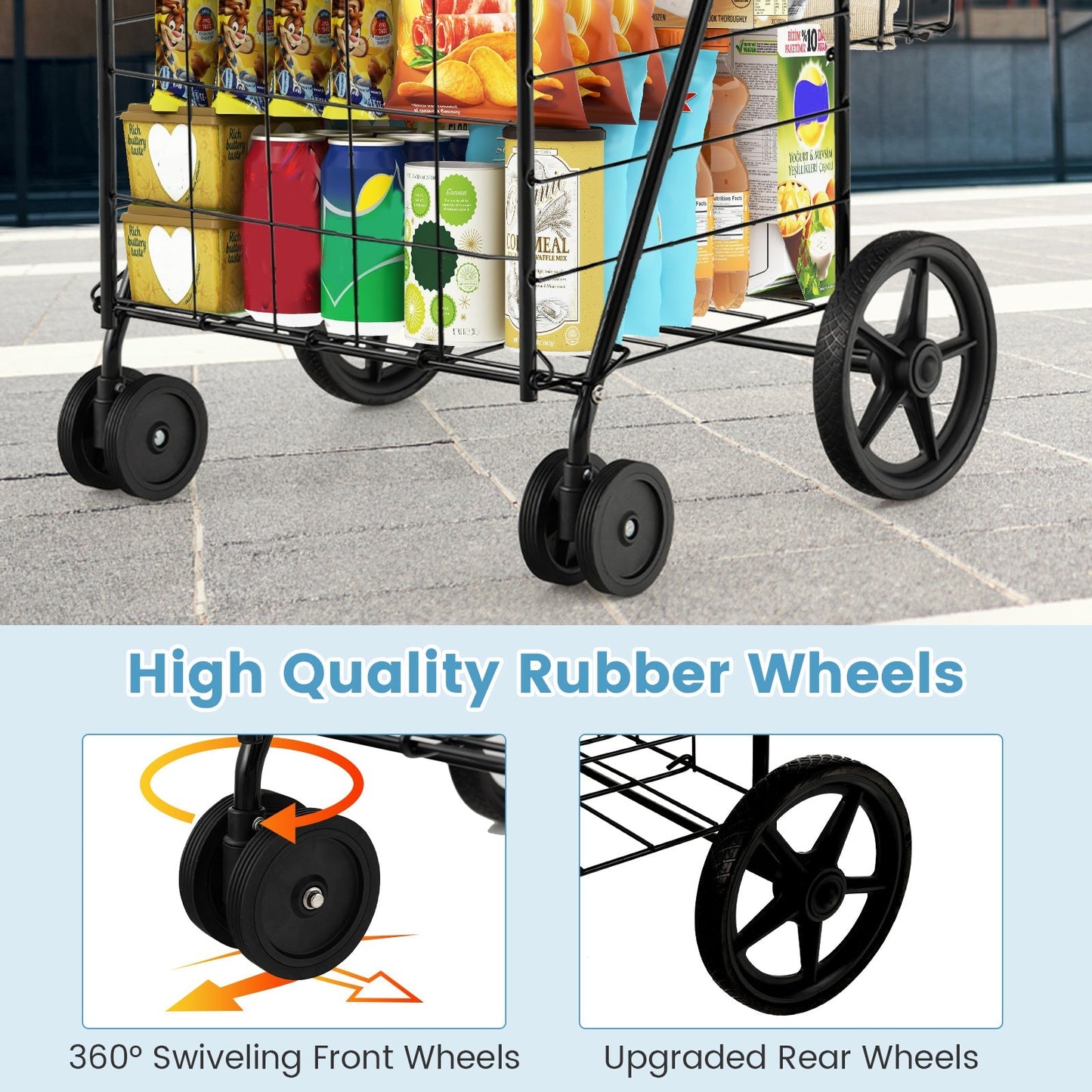 Folding Shopping Cart for Laundry with Swiveling Wheels and Dual Storage Baskets