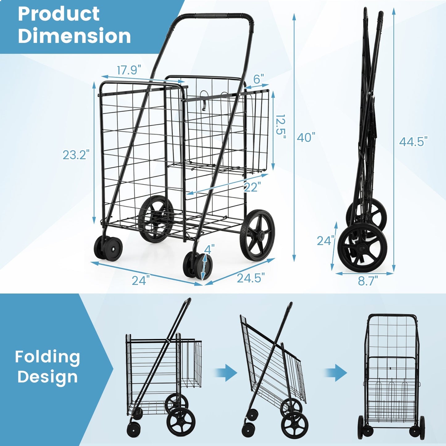 Folding Shopping Cart for Laundry with Swiveling Wheels and Dual Storage Baskets