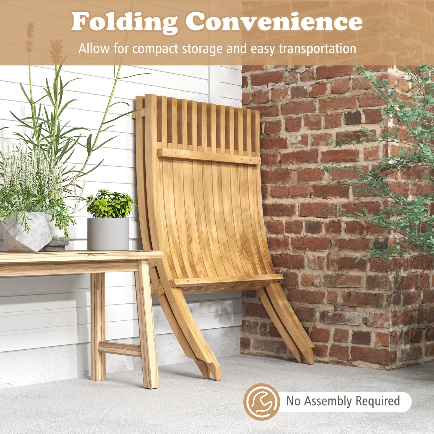 Folding Teak Wood Outdoor Lounge Chair with Slatted Seat and Backrest
