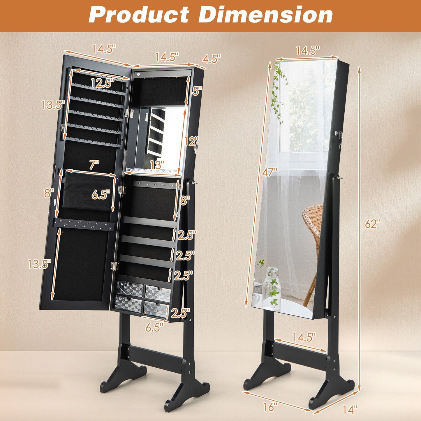 Free Standing Full Length Jewelry Armoire with L